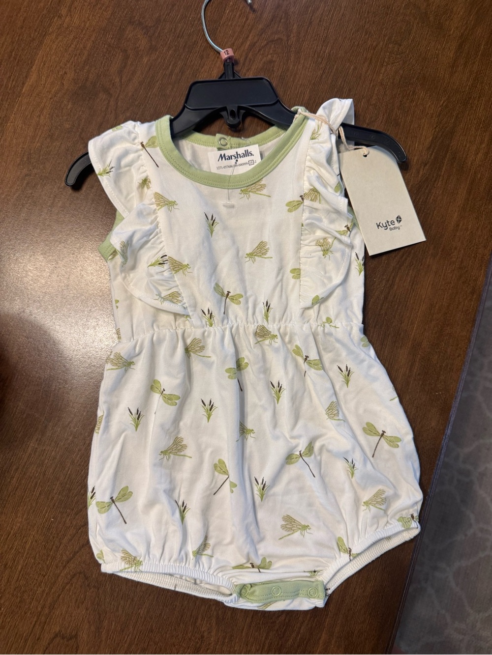 Kyte BABY White Romper with Light Green Dragonfly Trim